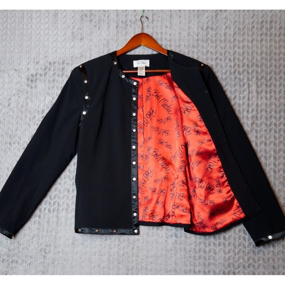 Bob Mackie Studio Black Cardigan Jacket Size 12 Red Signature Lining Studded